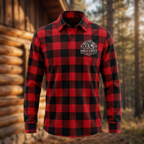 Black-and-red buffalo-plaid fleece shirt with Wolf Creek Customs logo