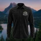 Black fleece button-down shirt with Wolf Creek Customs logo