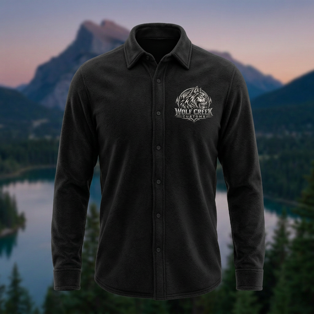 Black fleece button-down shirt with Wolf Creek Customs logo