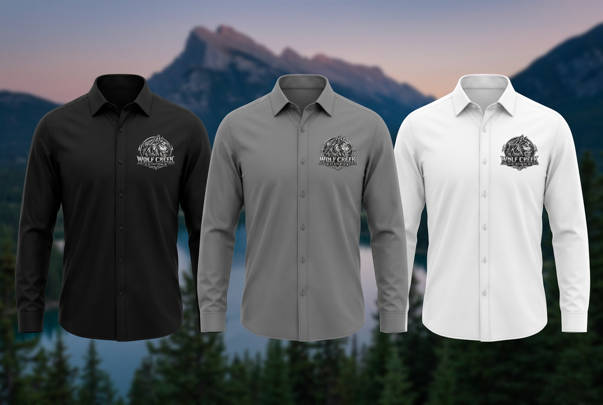 Black, grey, and white Wolf Creek Customs button-down shirt concepts