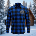 Blue-and-black buffalo-plaid fleece shirt with Wolf Creek Customs logo
