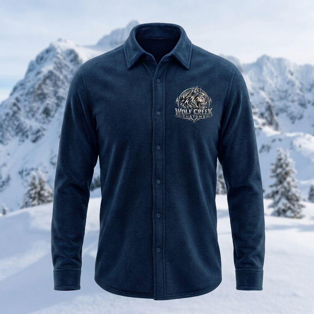 Blue fleece shirt with snowy alpine background
