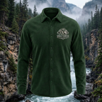 Green fleece shirt with rocky river background
