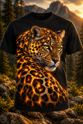 AI design mockup of Fire Leopard Tee with glowing leopard artwork and wilderness background