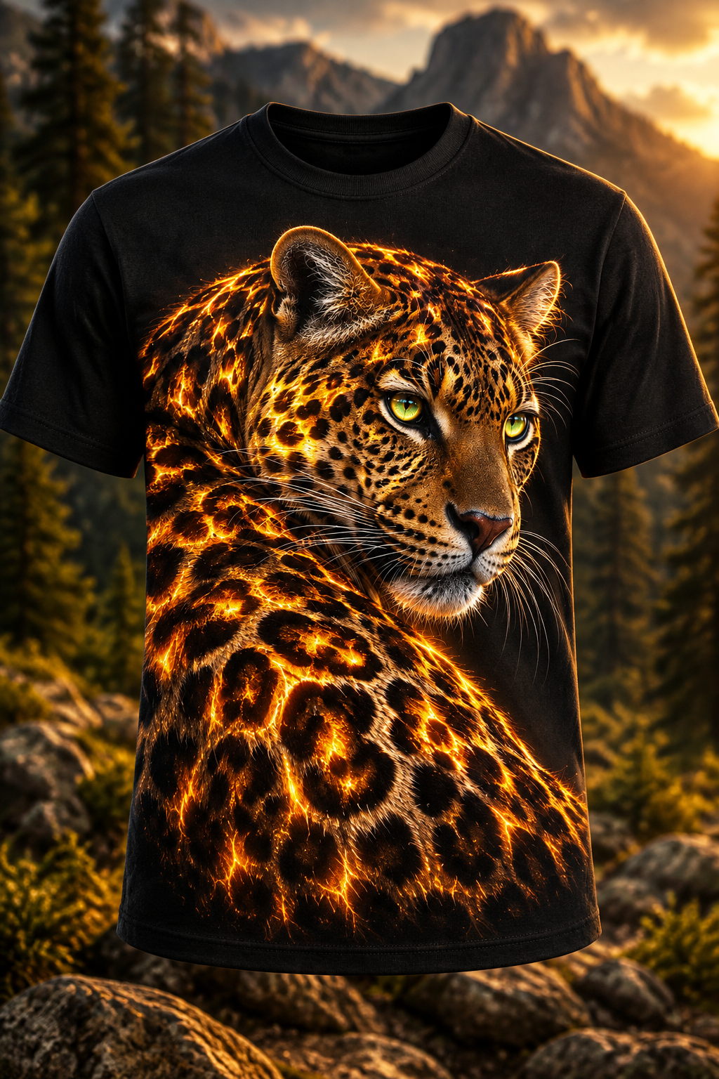 AI design mockup of Fire Leopard Tee with glowing leopard artwork and wilderness background