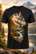 AI mockup of Forest Spirit Tee featuring wolf silhouette wilderness artwork