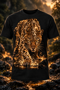 AI mockup of a black T-shirt with golden leopard artwork against a warm forest background