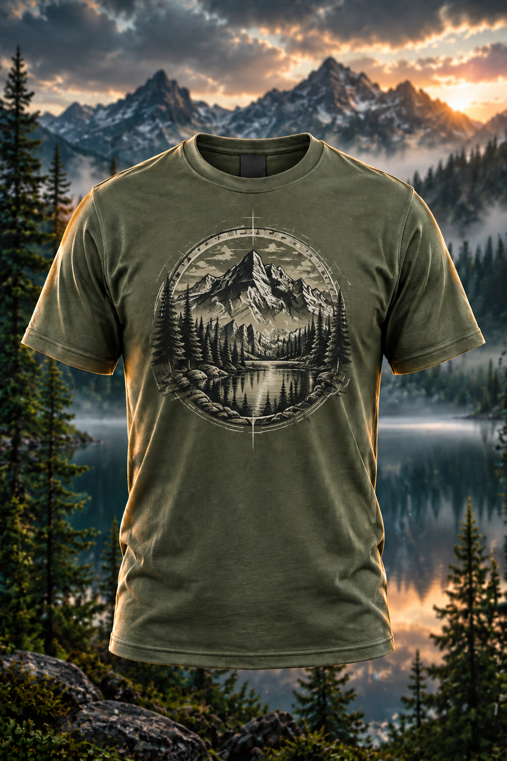 AI mockup of an olive-green T-shirt with mountain, forest and lake print against a mountain wilderness background