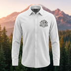 White fleece button-down shirt concept with dark Wolf Creek Customs left chest logo