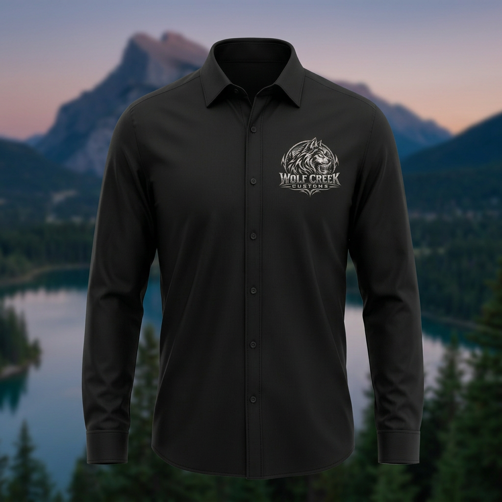 Black button-down shirt concept with Wolf Creek Customs left chest logo and scenic background