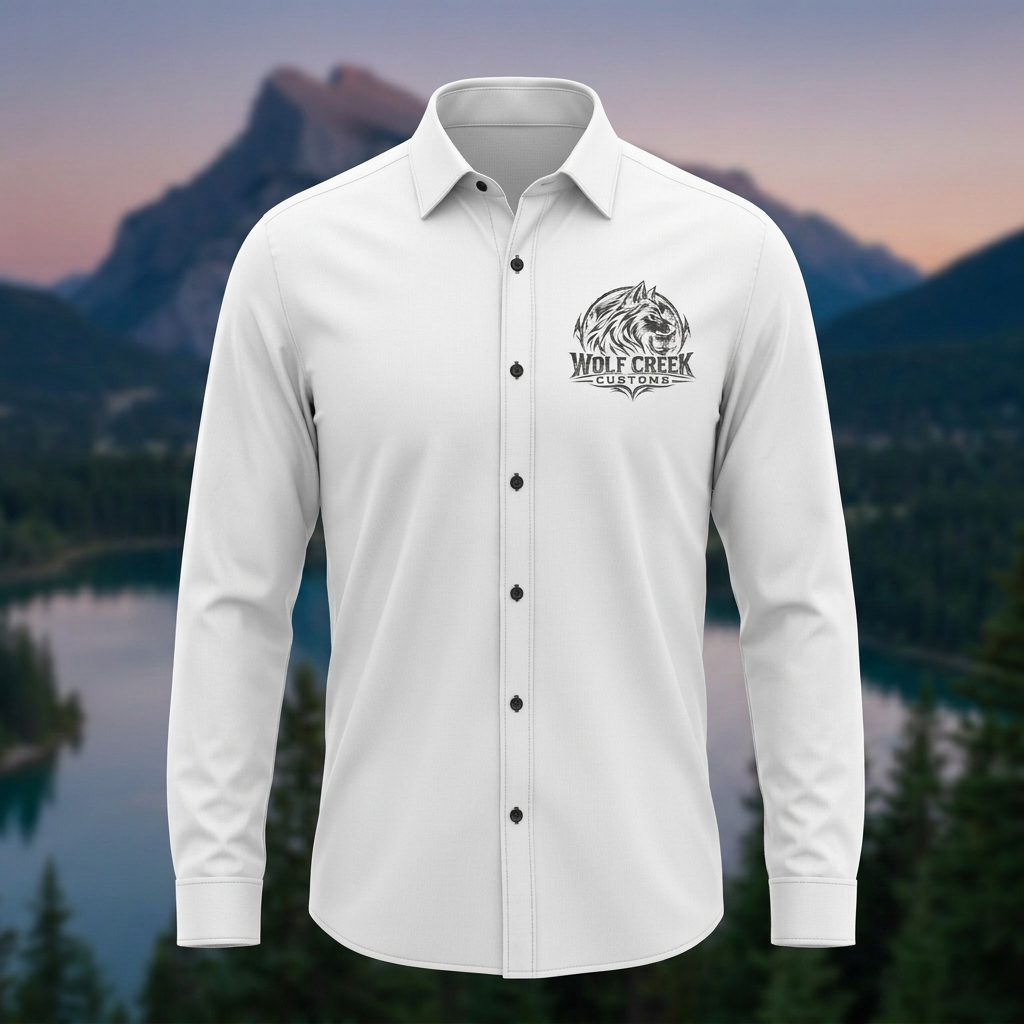 White button-down shirt concept with Wolf Creek Customs left chest logo