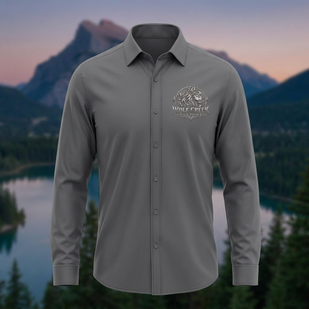 Grey button-down shirt concept with Wolf Creek Customs left chest logo