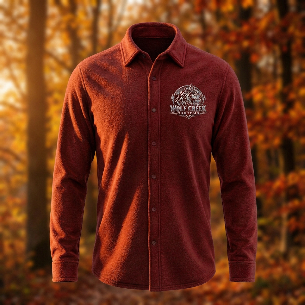 Red fleece shirt with autumn woodland background